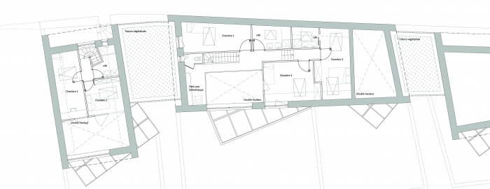 3 logements imbriqus, T2, T3 et T4 - Ecoquartier : Plan 1er tage